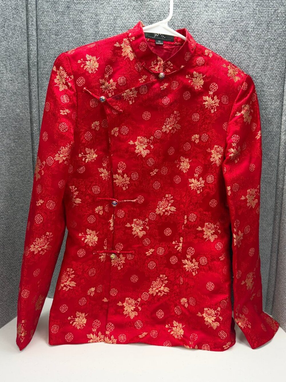 Vintage Pu Yu Chinese Tang Jacket M Red Gold Brocade Silk Blend Cloisonne